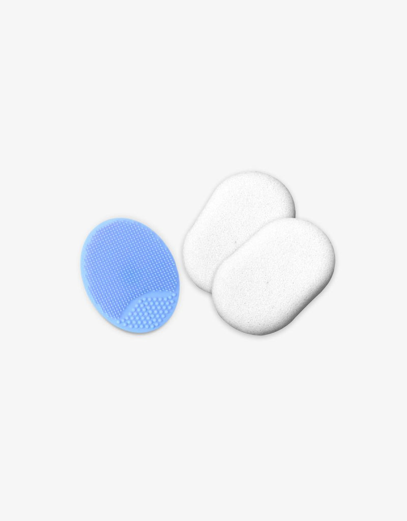 Silicone Cradle Cap Scalp Massager and Konjac Sponge Set in Blue.