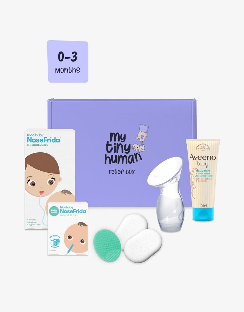 Products inside a My Tiny Human Relief Box for a 0-3 months old newborn baby in Green.