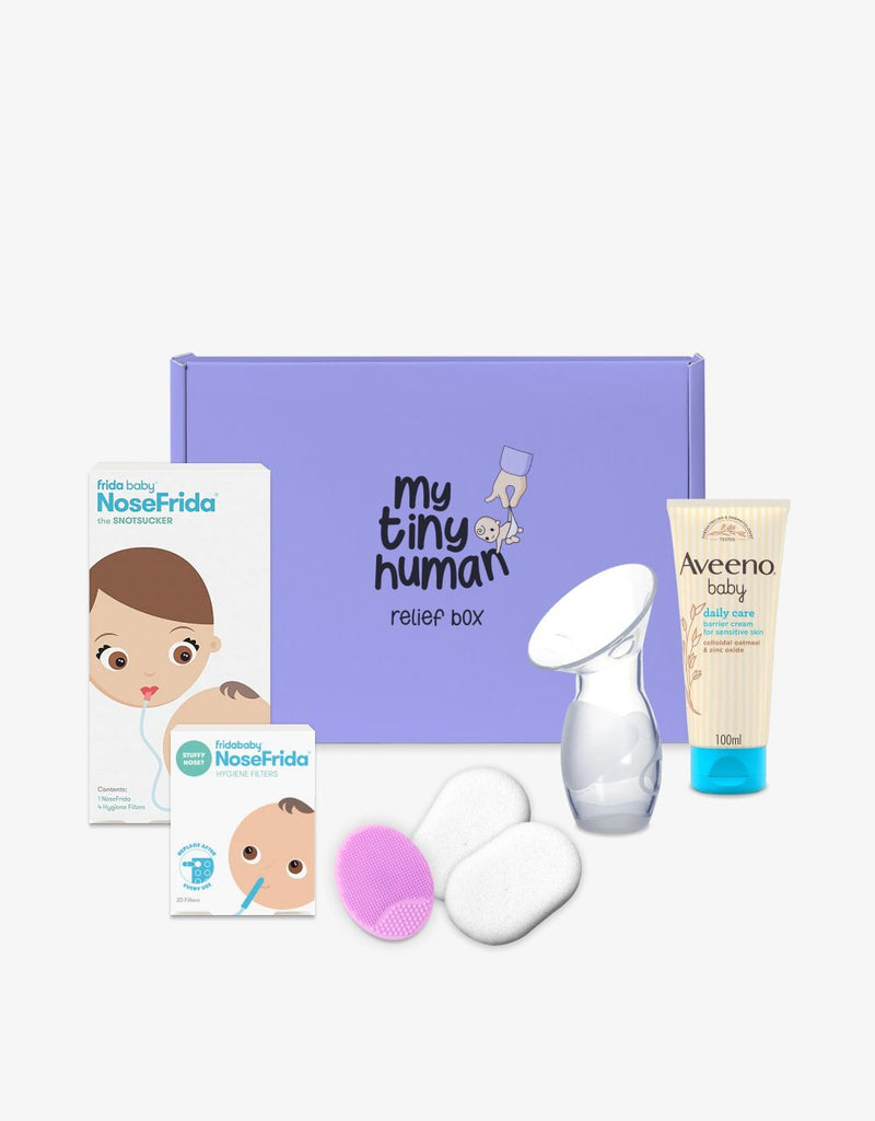 Products inside a My Tiny Human Relief Box for a 0-3 months old newborn baby in Pink.