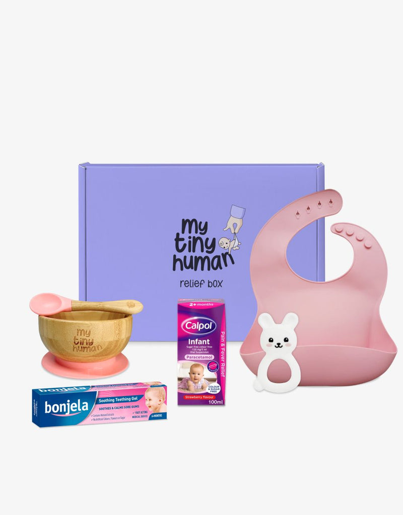 Products inside a My Tiny Human Relief Box for a 3-6 months old newborn baby in Pink.