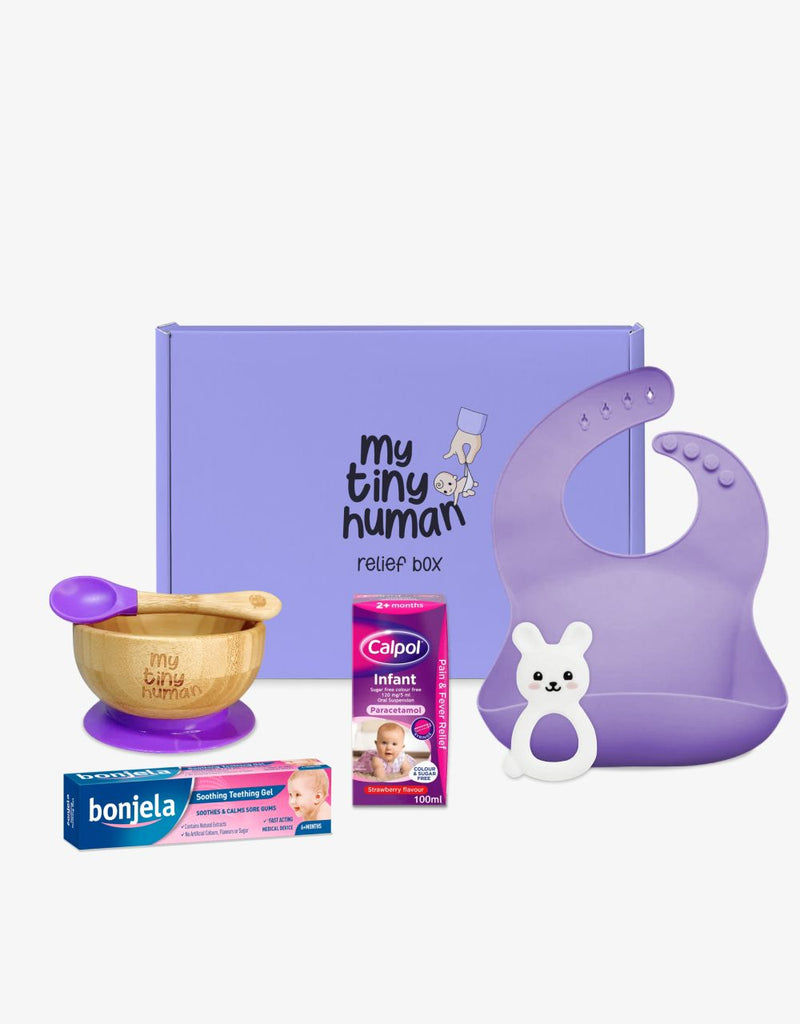 Products inside a My Tiny Human Relief Box for a 3-6 months old newborn baby in Purple.